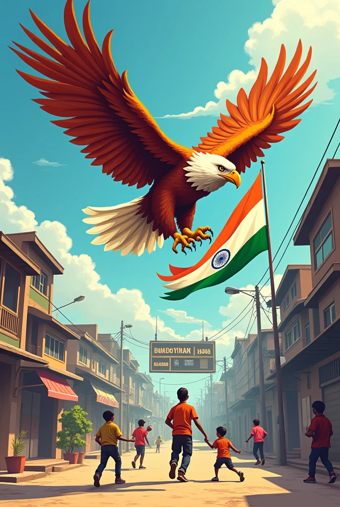  Create a logo with open wing eagle and PUT name STREET PREMIER LEAGUE AND ADD CHILDREN PLAYING CRICKET with cricket bat and ball in Indian cricket street and add  name of YUSUFF riyan nahid mujahid on scoreboard clearly 
