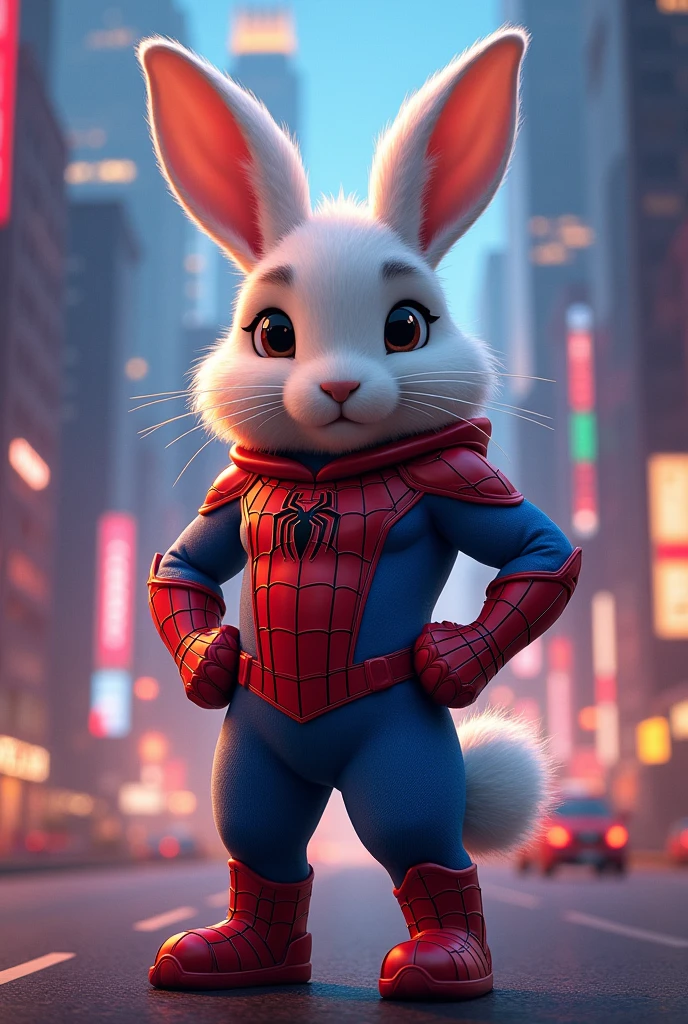 Le lapin porte une armure de Spider-Man.