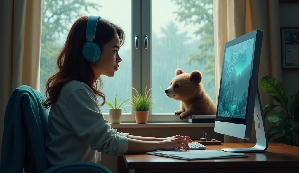 A woman inside a room with headphones studying on the computer and a bear cub looking at her, outside the rain falling. 