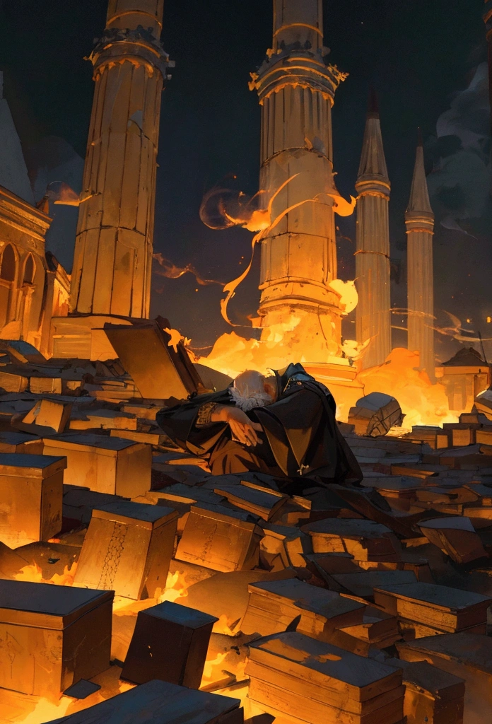 Constantinople devastated at night, with buildings ablaze and a sky lit by flames. In the foreground, an old man lies mortally wounded among the bodies of fallen Byzantine soldiers. He clutches a charred piece of parchment with the words of Psalm 91 barely visible. The remains of the great Imperial Library are reduced to ash behind him, with smoke and embers rising into the night sky. Despite the destruction, the man's eyes reflect a peaceful vision of a future where knowledge is cherished.
