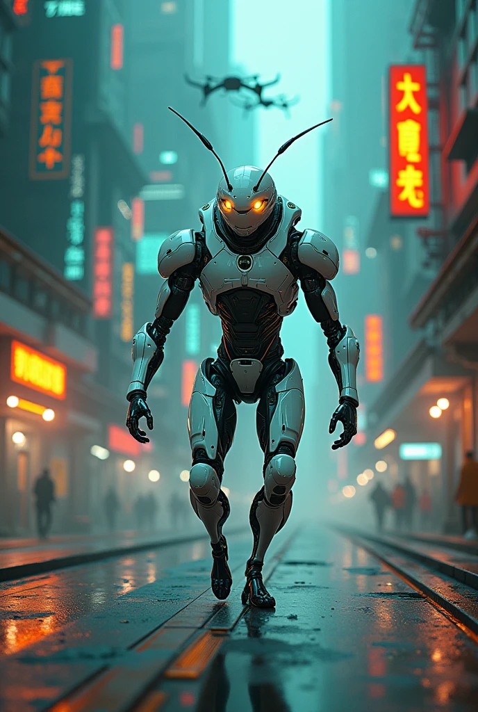 fire ant in white robocop costume, walking in cyberpunk city with teal and orange neon lights