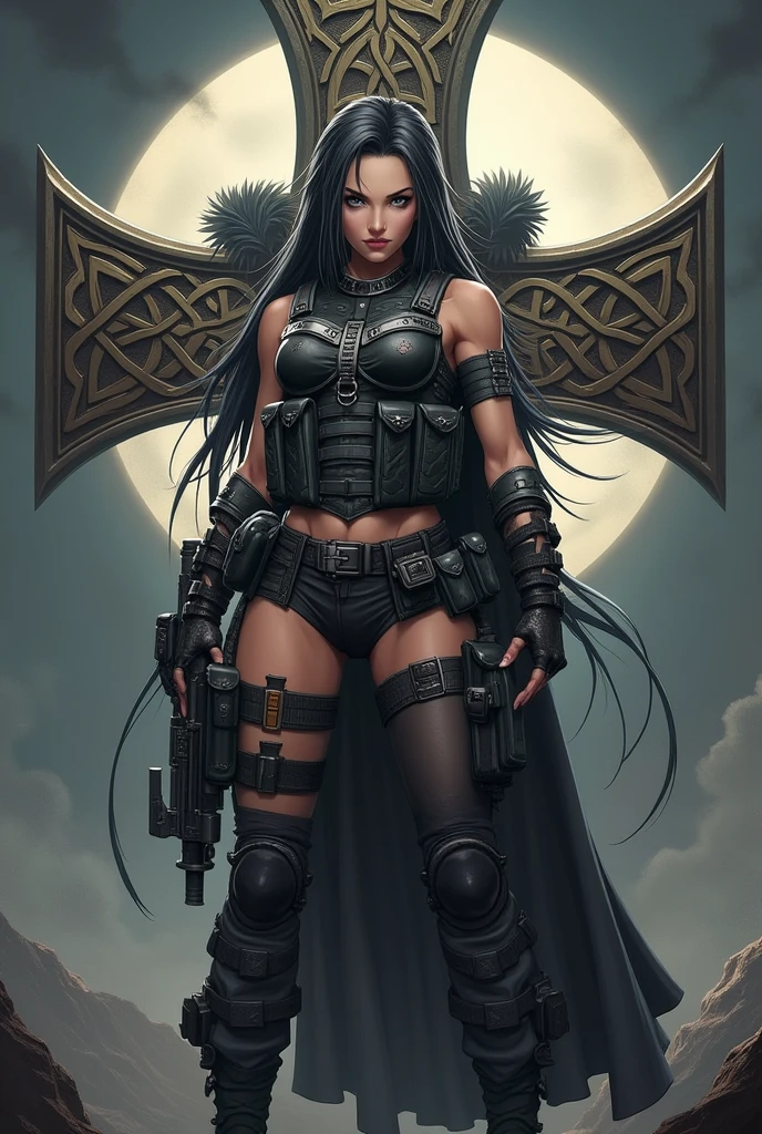 Anime girl militaire avec un patch World wide white pride écrit en gros sur son gilet par balle , avec une énorme croix celtique derrière elle ,