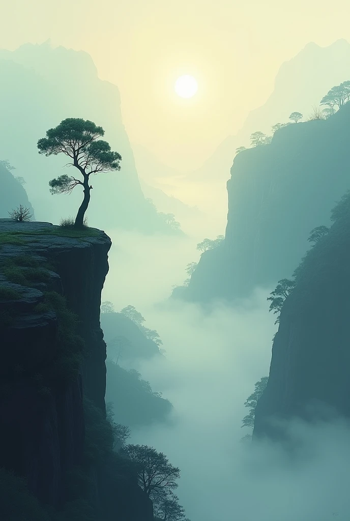 A hauntingly beautiful, ethereal landscape. A lone pine tree stands defiant on a rocky outcrop, overlooking a vast valley shrouded in mist. The sun's rays pierce through the clouds, casting long, dramatic shadows. The scene is reminiscent of a classic Chinese ink wash painting, with soft, muted tones and a sense of tranquility. Would you like to add any specific elements or artistic styles? For example, you could specify a particular time of day, a specific artist's style, or a particular mood or emotion.