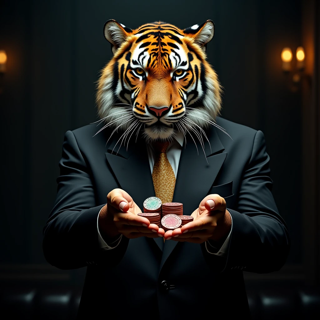 Create a tiger in a suit looking like a casino owner, offering casino tokens in one hand and banknotes in the other, The image must be on the front and bring it closer to the screen, leave the background dark preferably