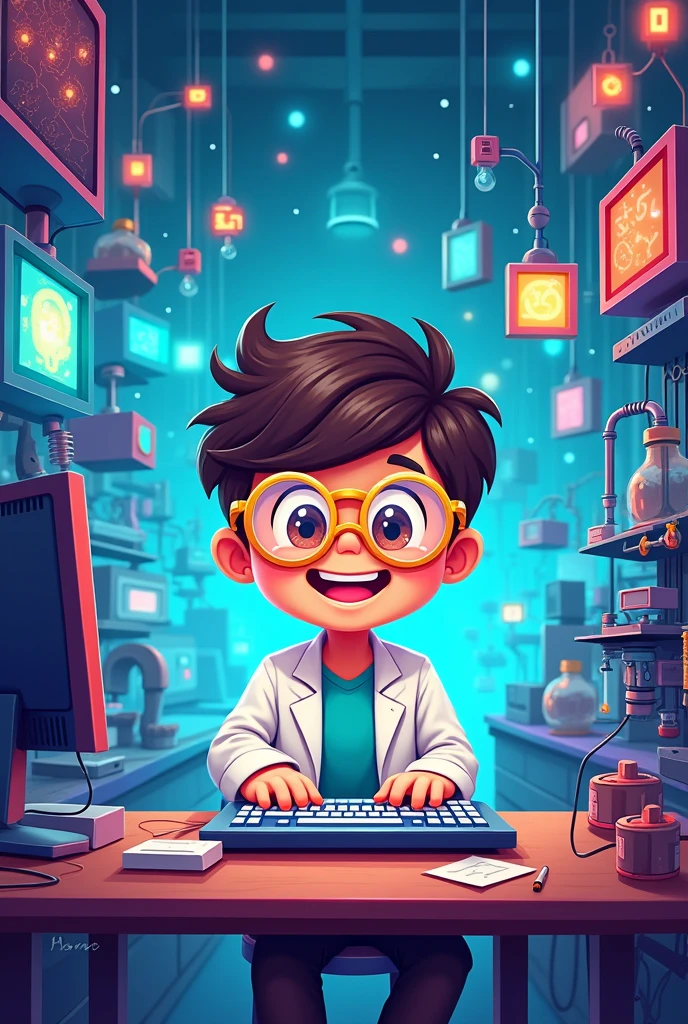 Cover for computer notebook design , cheered up. Child in systems laboratory, on the computer, cartoon