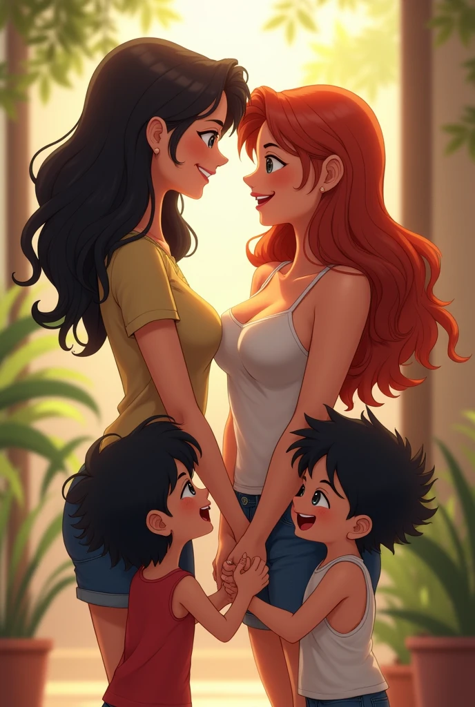 Taller black hair mature women wearing t-shirt holding hand with long red hair mature women with big breast wearing singlet and she have two  sons with black hair Standing Besides them playing together  