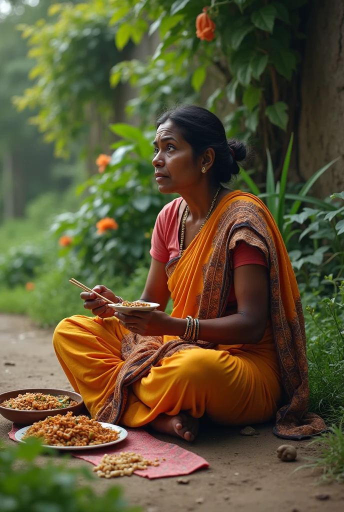 In india a pour lady eating chines food sit on ground near garden, wearing Shari blouse 