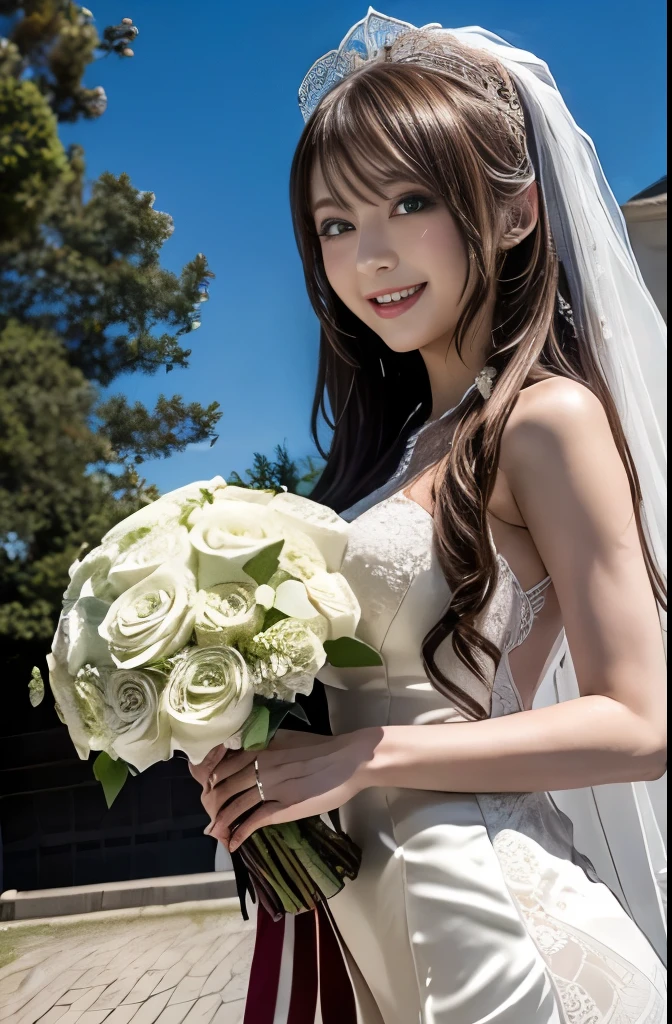 One person, sexy mana, masterpiece, High definition, High resolution, Sonic Edge_Rias_Gremory, ((wedding silk lace dress, church, Bridal Veil, wedding, bouquet)), Happy smile,