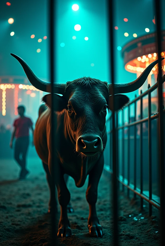 (best quality, masterpiece), Turquoise Screen Filter, (a bull and a man wearing a red shirt are in an iron cage, bull facing down, sad bull), (in the circus stage, the night, many lights),