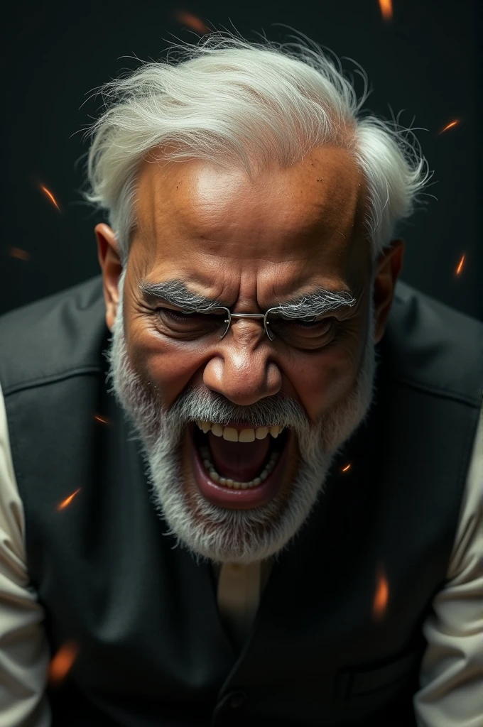 "A close-up of a furious pm narendra modi with wild hair, wide open eyes, and mouth shouting, showing extreme anger and intensity, in a dimly lit room with shadows in the background."
