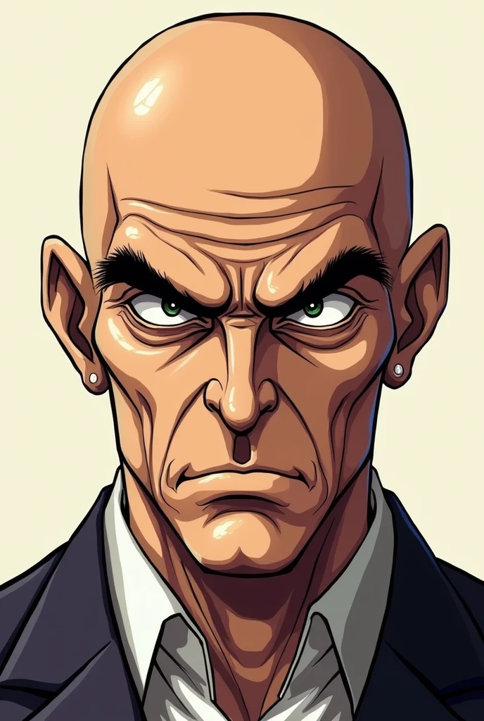 A bald man having slightly big lips and grown eyebrows in JoJo's bizarre adventure art style