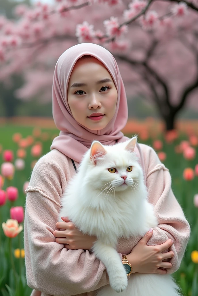 Beautiful white-skinned Korean woman, wearing a pink hijab, wearing a pink knit hoodie, black cargo pants, boots, holding a large Angora versia cat, wearing a watch, near a cherry tree, with a background of blooming tulips, green grass ,tulips, original photos, studio