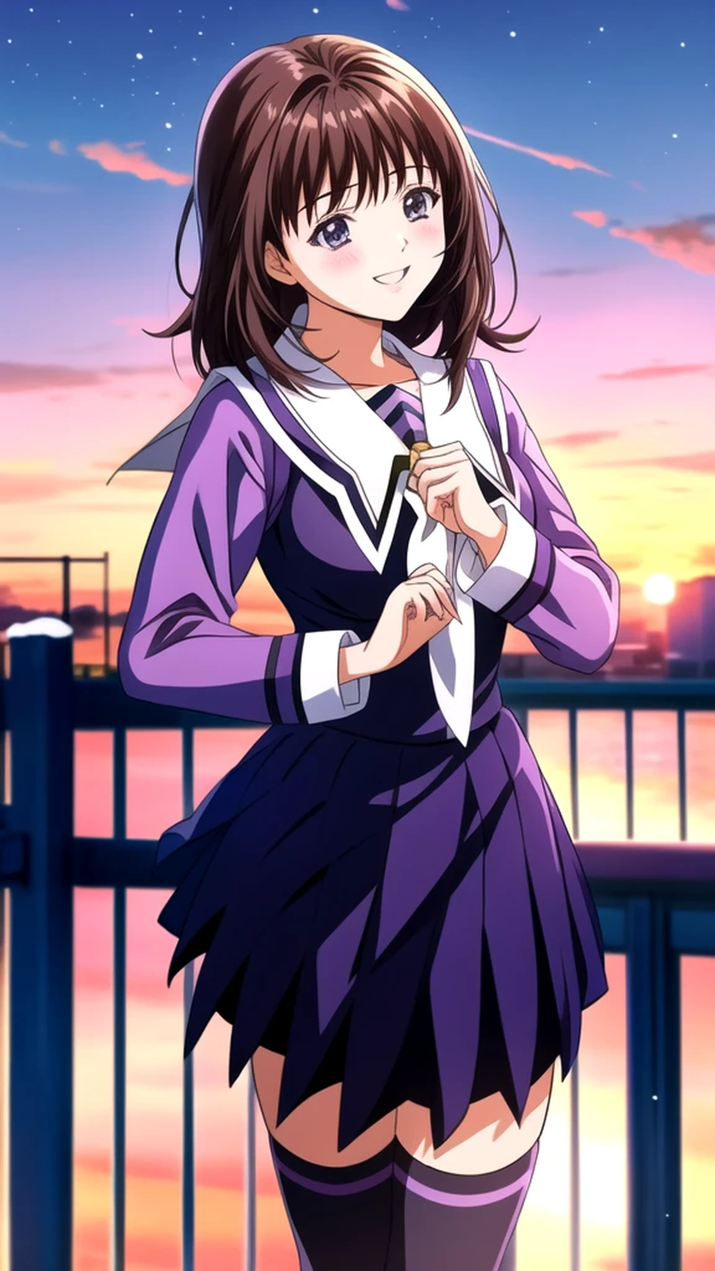 Anime illustration Yoshizuki_Iori, 1 person, School_uniform_purple_shirt_green_skirt_white_neckerchief_black_Knee socks, blush, Cute Smile Open your mouth, Are standing, Are you standing in front of the fence with a scarf around your neck?, (Winter Night、With the sunset and the fence behind、Confessed on the school rooftop。I got closest to that smile:1.1), (Place your hands on your chest:1.3), Two Arms