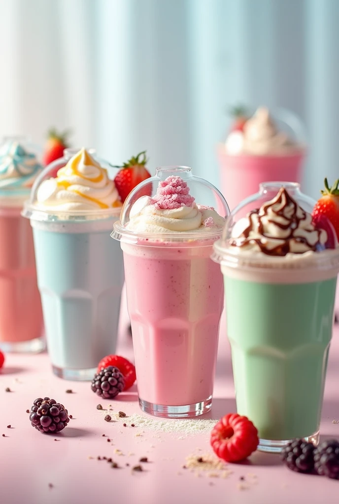 Various flavoured milkshake menu of dome top plastic transparent cups 