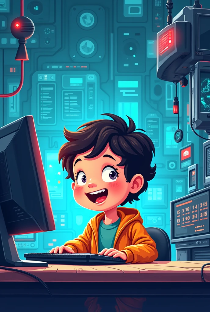 Cover for computer notebook design , cheered up. Child in systems laboratory, on the computer, caricature without a bat