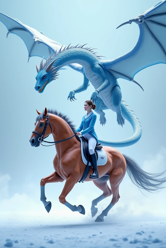Hellbraunes Pferd,Dressur reiterin in hellblau,hellblauer hintergrund,blauer Drache,schrift: Frosty Dragons, schneeflocken,fantasy,drache soll etwas realistischer sein