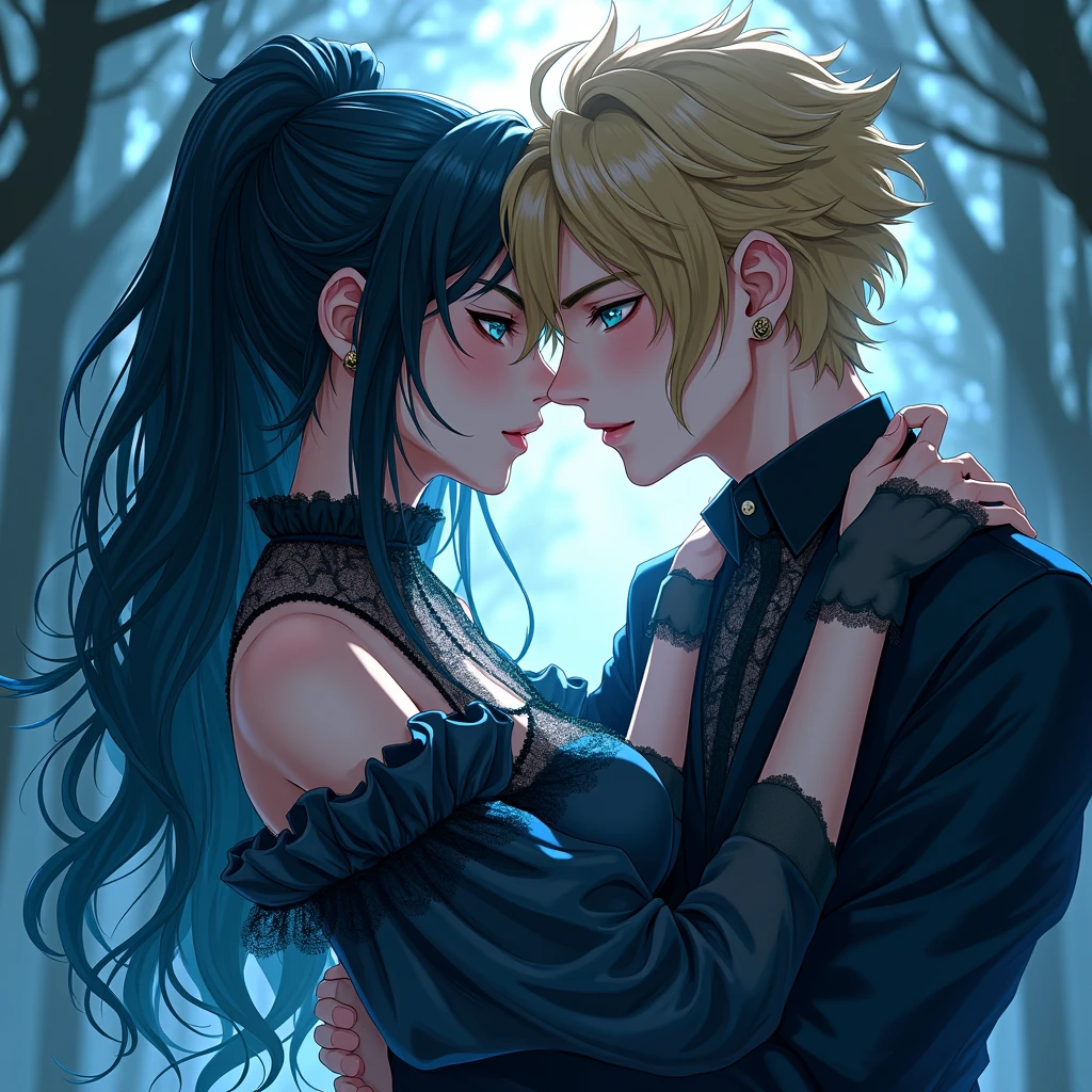 Long black hair. Teal blue eyes, Male, Blue and black frilly gothic clothes, Surrealism, Sexy, Masterpiece, Shiny, 8k, super detail, Shiny, Beautifully detailed, Pretty drawn. Anime style. Sexy pose, hot. Seductive pose. Anime style. Kissing a hot blonde male.