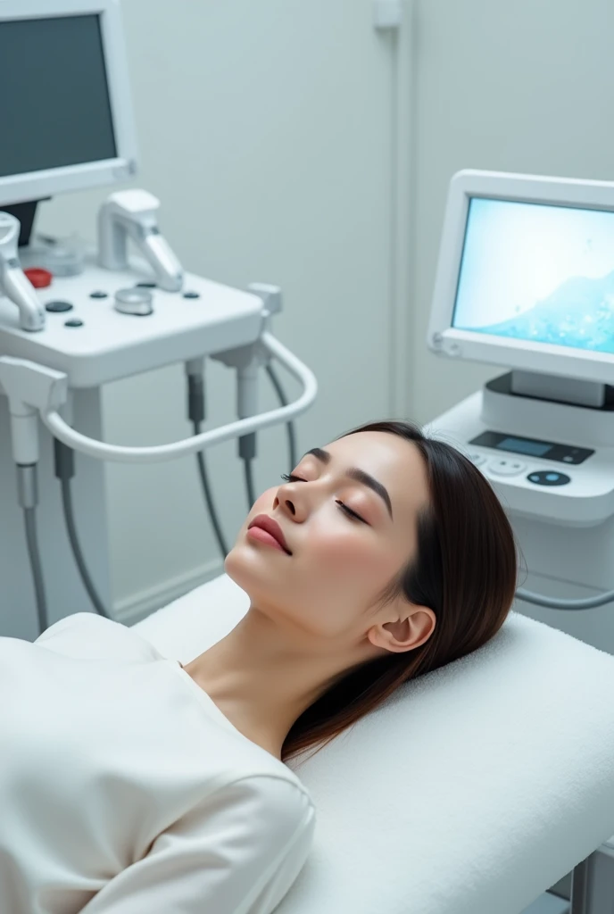 Generate an image with a woman doing Hydra facial Treatment equipment at a clinic