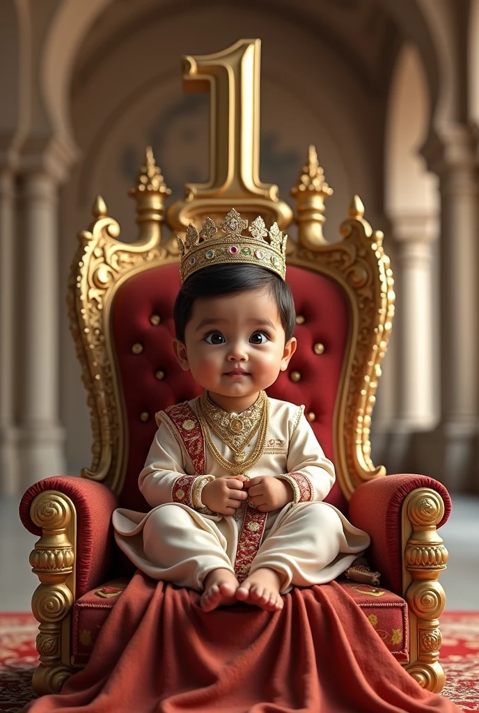 Realistic image of a 1 year old indian baby boy sitting on a grand throne, wearing royal outfits and ornaments, with a crown on his head, surreal and royal, oalace arch seen in the background, a large size '1' is seen behind the throne, image should be ultra clear, hyper realistic, high quality 4k ,