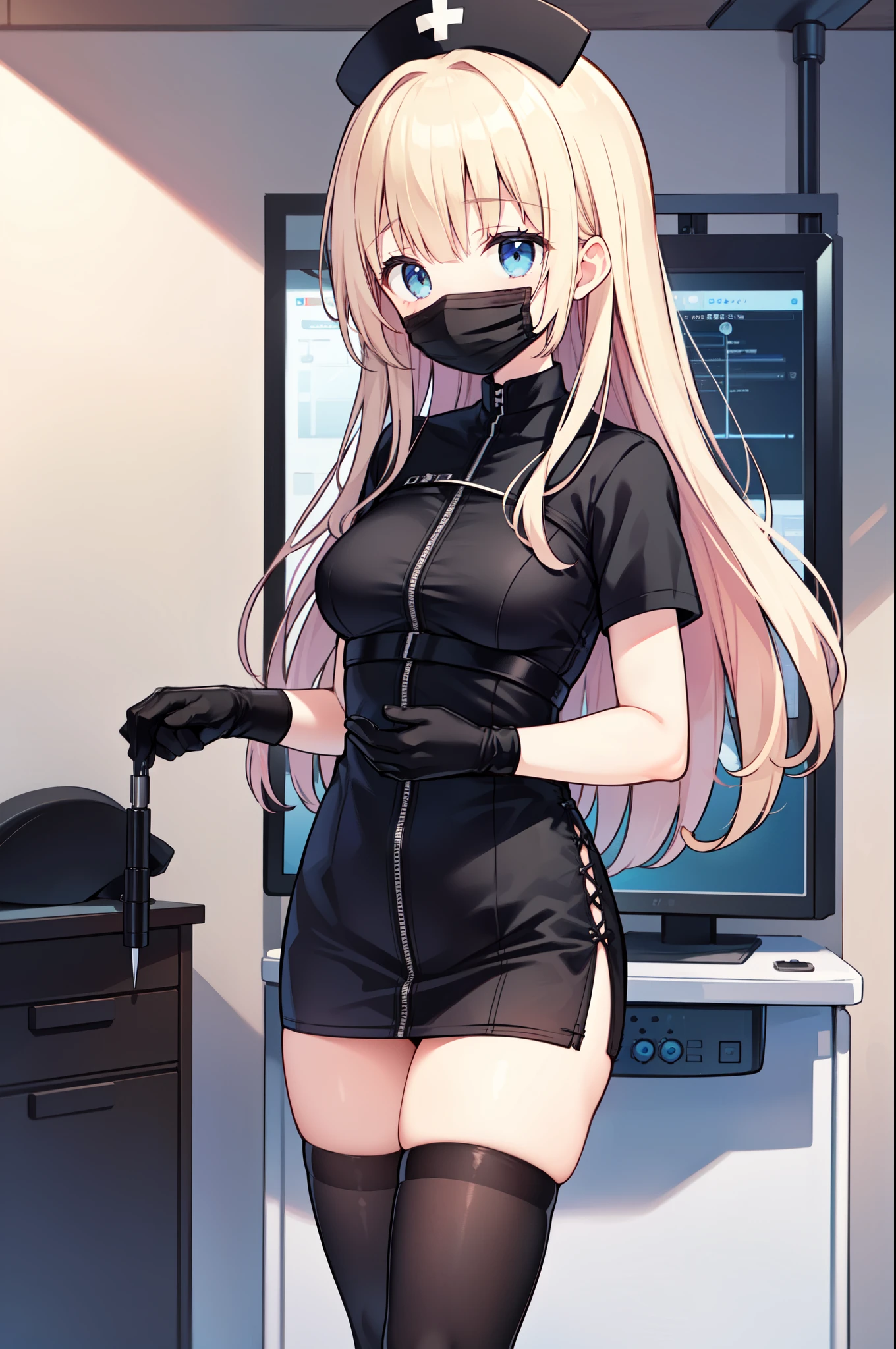black nurse, 1woman, solo, black nurse cap, black nurse uniform, ((black legwear, zettai ryouiki)), black elbow gloves, blonde hair, blue eyes, ((black surgical mask, covered nose)), standing, ((surgery room)), sharp outline, short sleeves, mature female, 35yo, best quality, masterpiece