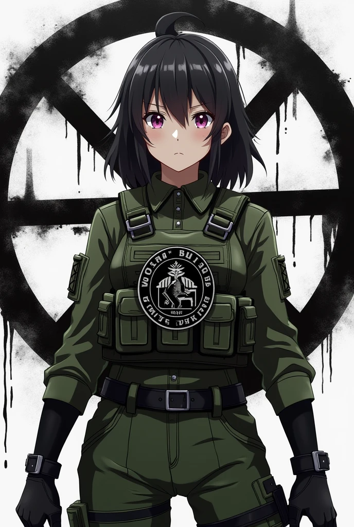 Anime girl militaire avec un patch World wide white pride écrit en gros sur son gilet par balle , avec ⌖ en noir et Blanc derriere elle  , 