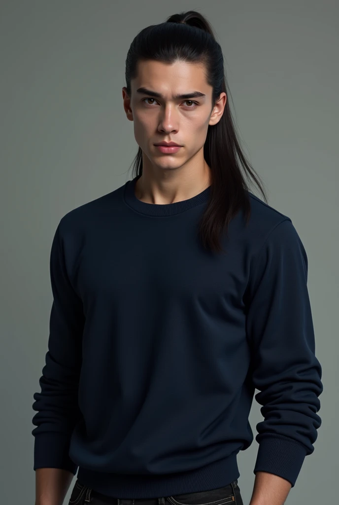 a young man with long black hair in a ponytail, wearing a navy pullover and black jeans, detailed face, detailed eyes and lips, portrait, fantasy character, realistic, photorealistic, 8k, high quality, hyper detailed, cinematic lighting, dramatic lighting, epic, heroic