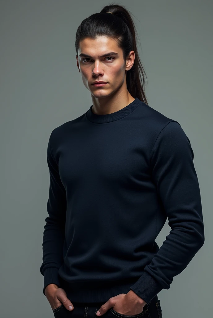 a young man with long black hair in a ponytail, wearing a navy pullover and black jeans, detailed face, detailed eyes and lips, portrait, fantasy character, realistic, photorealistic, 8k, high quality, hyper detailed, cinematic lighting, dramatic lighting, epic, heroic