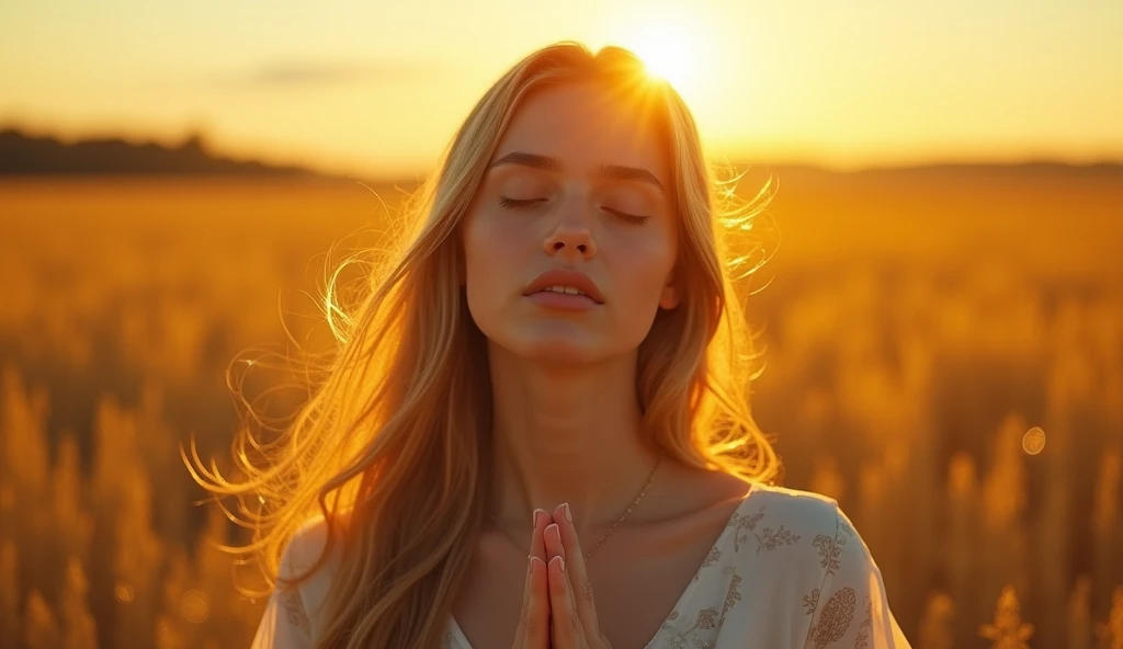 ((best quality)), ((masterpiece)), (detail), perfect face, panoramic photo of a young Russian woman praying in a golden field, the woman is in the center of the frame, sparkling and magical light, surreal photo, 8k, ultra high resolution, sharp face