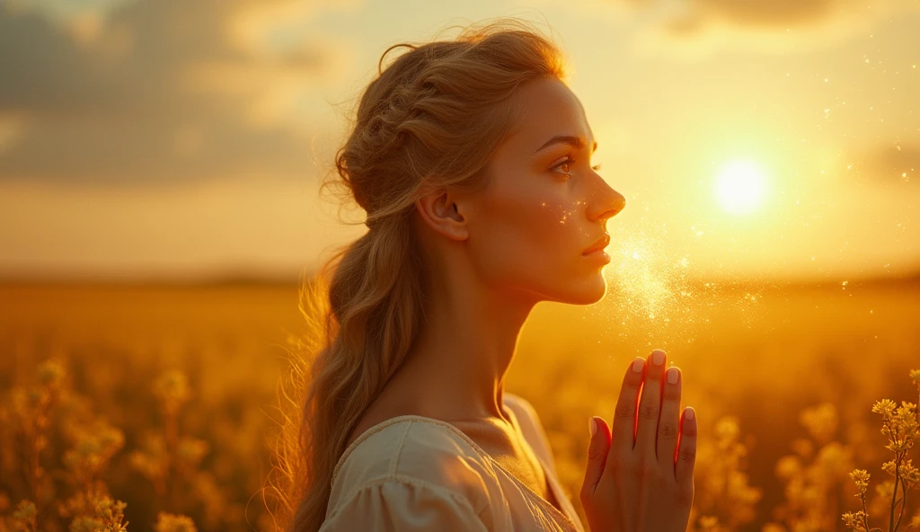 ((best quality)), ((masterpiece)), (detail), perfect face, panoramic photo of a young Russian woman praying in a golden field, the woman is in the center of the frame, sparkling and magical light, surreal photo, 8k, ultra high resolution, sharp face