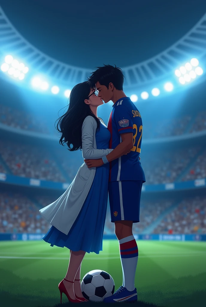 A man and woman kissing eachother in football stadium ground at night time all spot light on them woman is wearing glasses and had black hair . Woman is wearing blue dress high heels and a lab coat over dress. Man is wearing blue colour 32 number jersey. Siddharth written on jersey. Woman is cupping man s face . Man s one foot resting on a soccer ball. Man is 1 feet taller than woman. Add some audiance in stedium .make dress long and man jersey in white and red