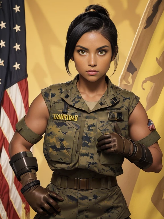 (26 year old:1.3), (tanned bronze skin:1.4), (Yellow colored eyes:1.4), (Short Black Hair:1.3), (Pony-Tail hair style:1.3), (Athletic:1.4), (Wearing: USA marine corps uniform, camouflage military uniform, armor and gloves), army girl, soldier girl, infantry girl,