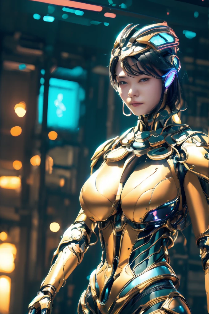 Highest quality, masterpiece, figure, (Realistic, photo-Realistic:1.37), wonderful, In detail, Incredibly absurd, Large file size, Very detailed, High resolution, Very detailed CG Unity 8k wallpaper, Very detailed目と顔, Ray Tracing, Browsing Caution, NUDE, One girl, Korean cyborg girl is innocent and young々Has a sly expression. She poses boldly with her arms raised above her head, Revealing her voluptuous figure. She is wearing a small black mecha armor top that barely covers her breasts., Exposing most of her flawless skin. Her shoulders and head have more armor detailing.、There are shining highlights, Tech Panels and Mechanisms. She is standing against a futuristic cityscape lit up with vibrant neon lights.、Standing full of energy。.