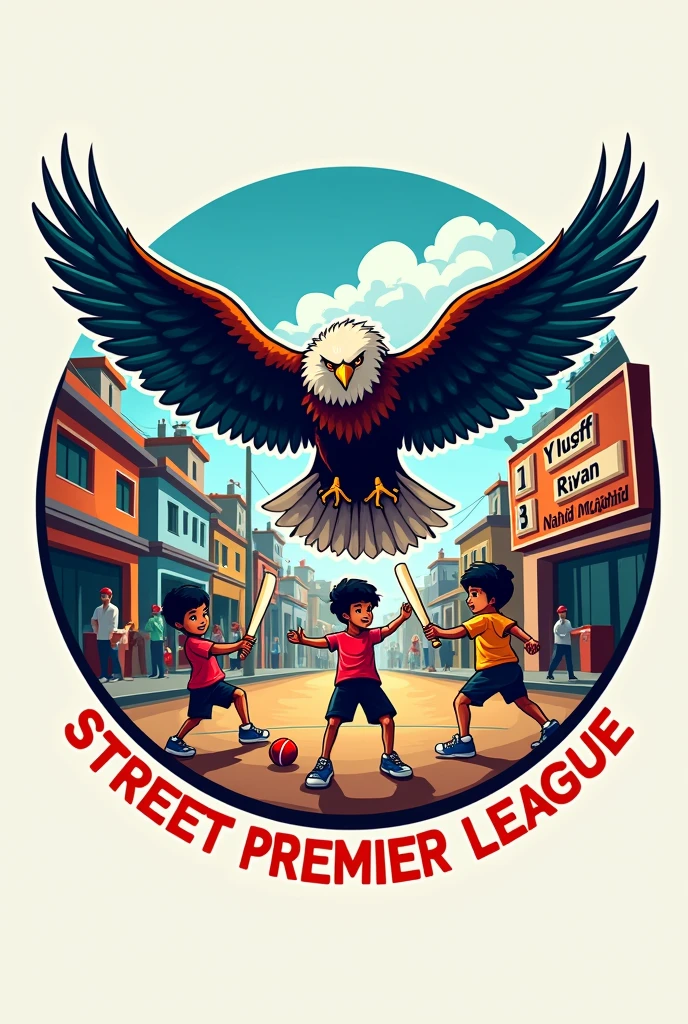Create a logo with open wing eagle and PUT name STREET PREMIER LEAGUE AND ADD CHILDREN PLAYING CRICKET with cricket bat and ball in Indian local street and add name of YUSUFF riyan nahid mujahid on scoreboard