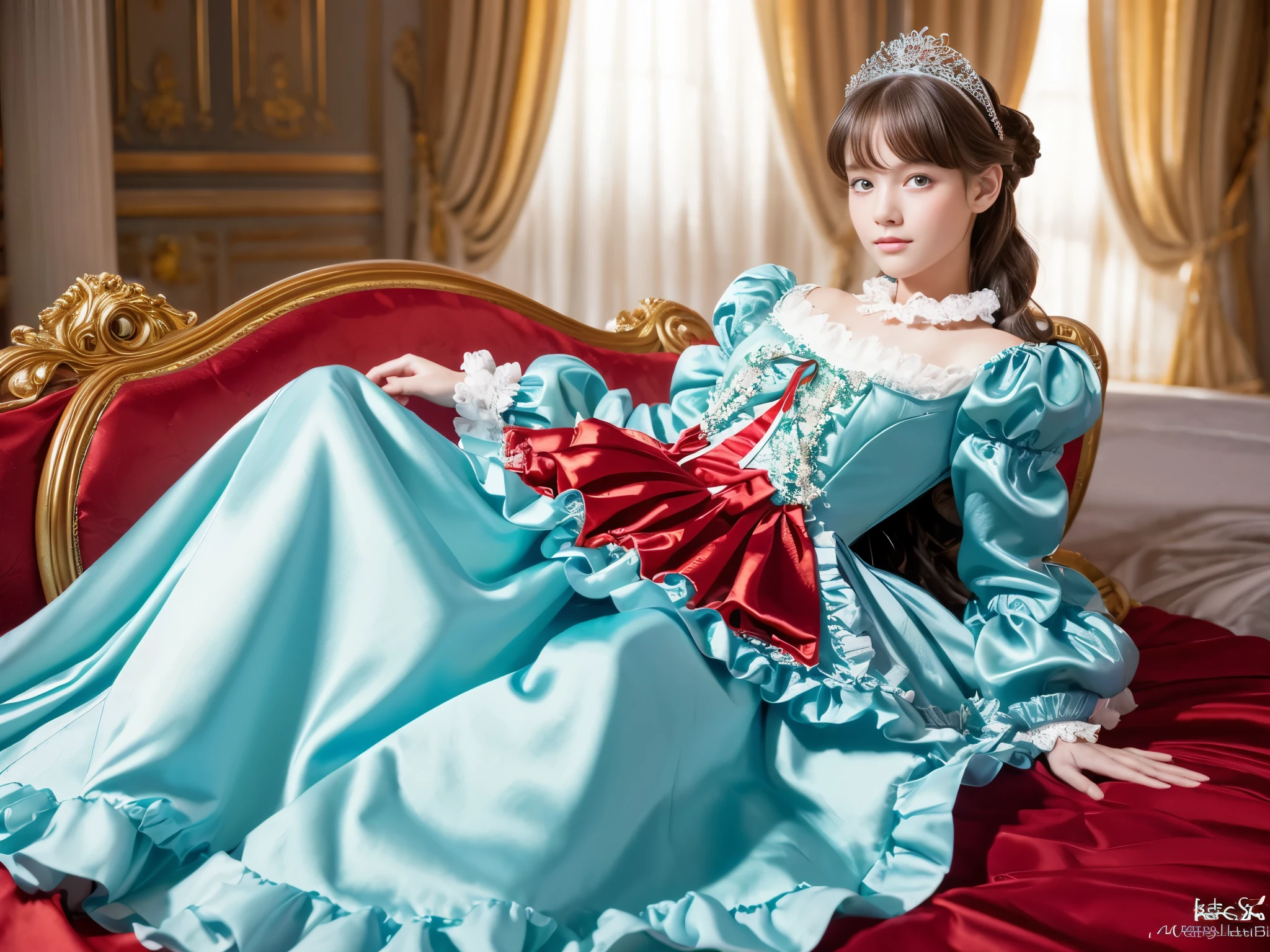 ,highest quality, masterpiece, highest resolution, artwork, super それにget used to it, many get used to it, get used to it, それにget used to it, 3k realistic pictures,,((10 year old little girls)),Ultra-detailed juvenile face,three are princesses,full length ball gown dress with hoop skirt,ruffled yoke collar,puff sleeves,long sleeve,((Lolita style red detailed princess satin dress with lots of ruffles and ribbons)),Rococo style lolita fashion,shiny satin dress,Soft and smooth fabric,luxury,long blonde hair,blue eyes,white skin european,Pajama,((in the bedroom)),luxury princess canopy frilled bed,super detailed bed,lying on the bed,High-quality background,
