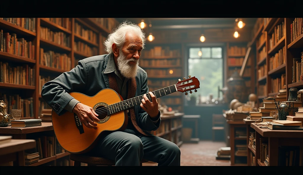 ((best quality)), ((masterpiece)), (detail), perfect face, panoramic photo of an elderly man playing guitar in an antique bookstore, bookstore scene with intricate details, shimmering and magical light, surreal photo, 8k, ultra high resolution, sharp face