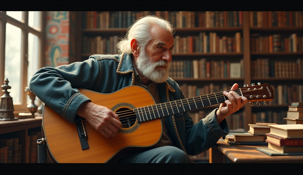 ((best quality)), ((masterpiece)), (detail), perfect face, panoramic photo of an elderly man playing guitar in an antique bookstore, bookstore scene with intricate details, shimmering and magical light, surreal photo, 8k, ultra high resolution, sharp face