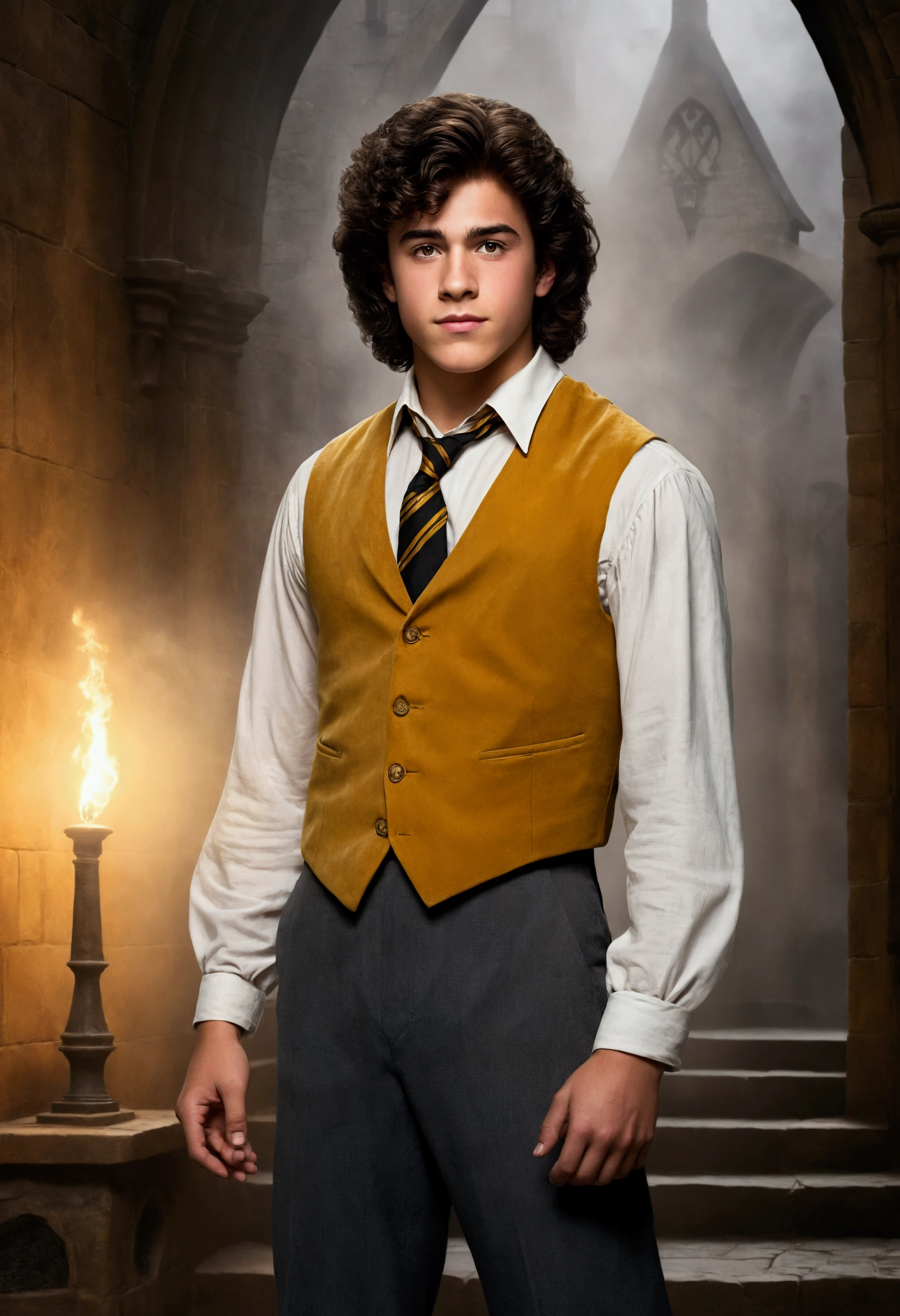 An illustrated movie poster, hand-drawn, full color, a teenage Hogwarts student, 18-years-old, male, wearing a golden vest and charcoal slacks, brown eyes, brown-black hair, voluminous curly mane, suntan complexion, medium height, broad shoulders, rugged scruffy appearance, lots of body hair, resembles Lou Ferrigno, standing in a foggy Hogwarts courtyard, hard shadows, graphite shading, stencil marks, airbrushed acrylic paint, masterpiece, in the style of the Deathly Hallows
