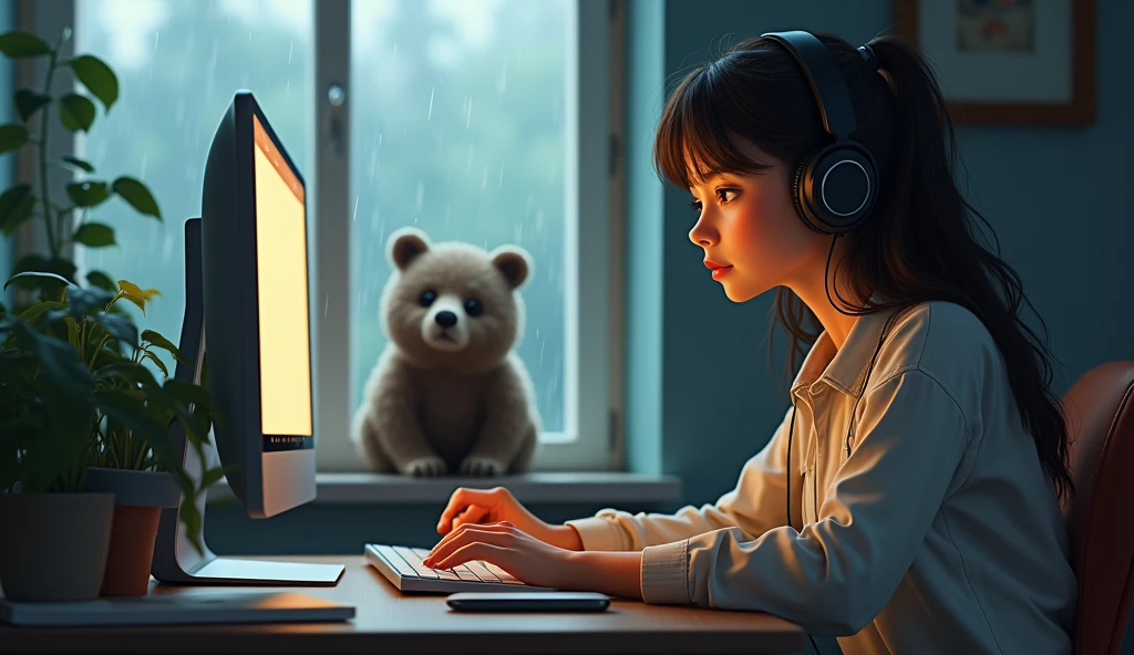 A woman inside a room with headphones studying on the computer and a bear cub looking at her, outside the rain falling. 