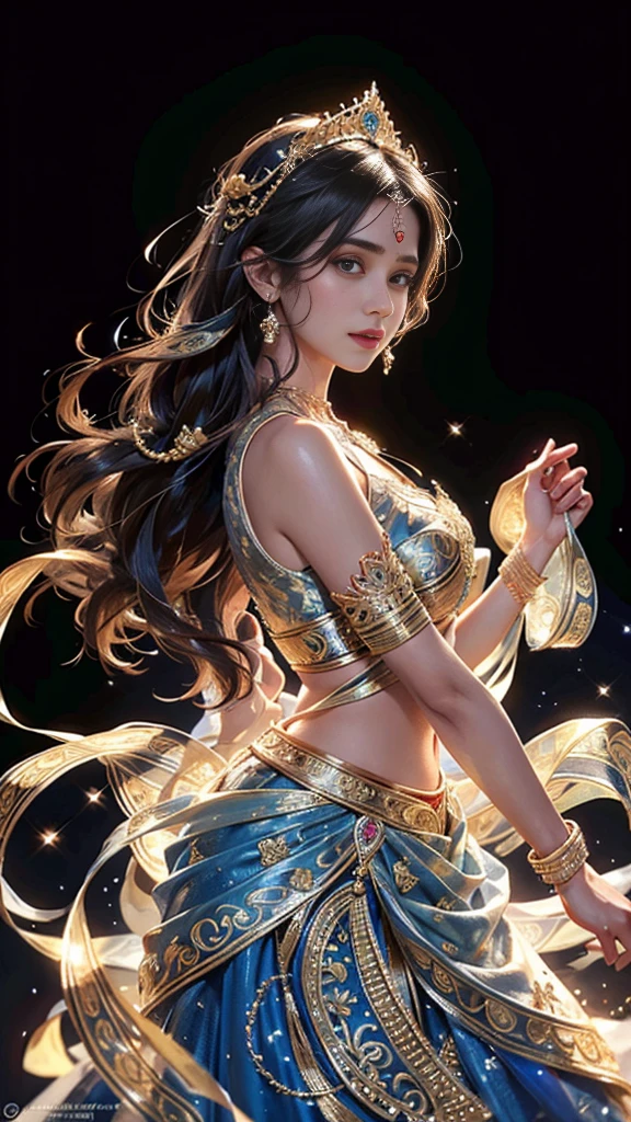 a vibrant and intricate digital portrait of a young (Southeast Asian woman:1.3) as an avatar, with a gentle, enigmatic smile and warm, inviting brown eyes, adorned with dramatic eyelashes and subtle freckles across the bridge of her nose, her long, dark hair cascading down her back in loose, flowing waves, against a soft, gradient background that shifts from deep blues to purples, with delicate, swirling patterns reminiscent of traditional batik designs, her slender, golden-brown skin glowing with a subtle, ethereal light, wearing a flowing, ornate outfit with intricate, colorful embroidery and beading, with a delicate, sparkling nose ring and dangling, ornate earrings, surrounded by lush, green foliage and wispy, cloud-like tendrils that evoke a sense of mysticism and wonder.