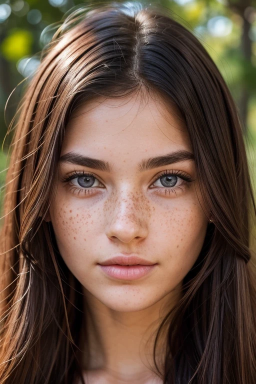 front face of a young Caucasian woman with some freckles on her cheeks, black hair at the roots and brown at the ends, with hazel-colored almond-shaped eyes