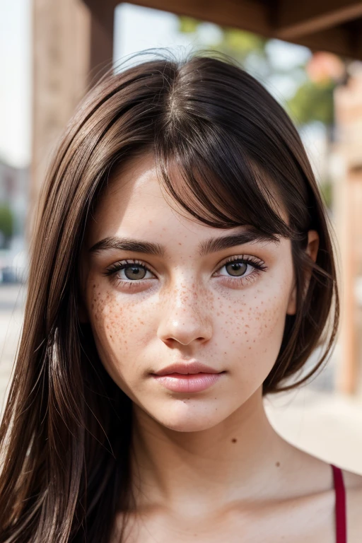 front face of a young Caucasian woman with some freckles on her cheeks, black hair at the roots and brown at the ends, with hazel-colored almond-shaped eyes