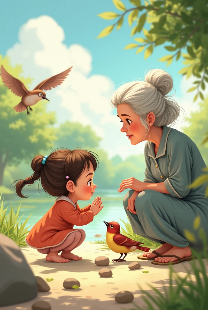 A baby girl hit stones to birds while her grandma is watching her
