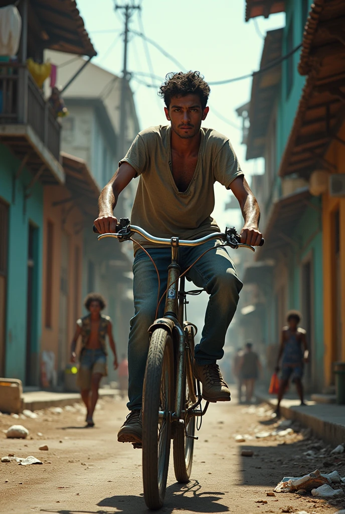 Poor young man riding a bike in the favela