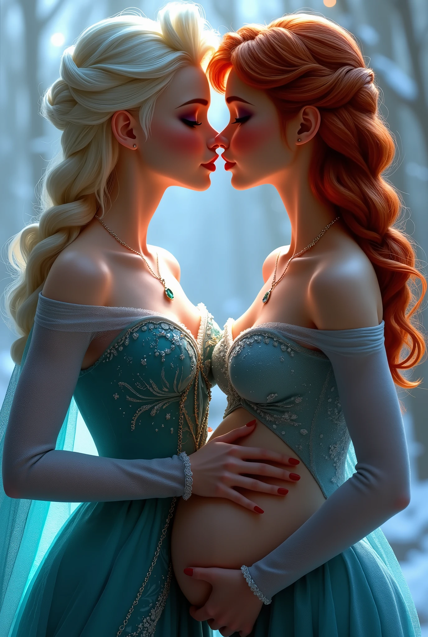 A stunning portrait of Elsa and her sister Anna touching each others breasts, kissing, French kissing, tongues touching, they are kissing, young and beautiful, hyper realistic, real portrait, backlit, exquisite features, cleavage, Elsa is showing her vagina to Anna and asking her to lick her vagina, she is inserting his fingers in her vagina under her skirt, she is fingering her, Elsa is pregnant, Anna is taller than Elsa, Anna is touching Elsa’s pregnant stomach, Anna has red hair, 