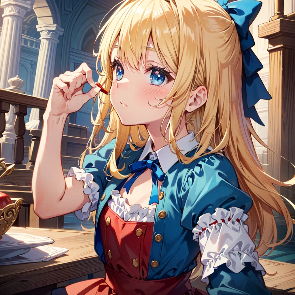{{{(((close-up, very cute pose, side view)))}}}, (((highest quality))), (((super detailed))), (((clear) )),( ((Masterpiece 8K)))), Alice in Wonderland (Queen of Hearts, Trump) Soldier), ((Alice in Wonderland (blonde), 4-year-old girl, blue ribbon, Alice clothes, long hair)), Small, young, small breasts), round face, girl: 1.25), (baby face), short limbs, from the side, Queen of Hearts' castle, confronting multiple men,