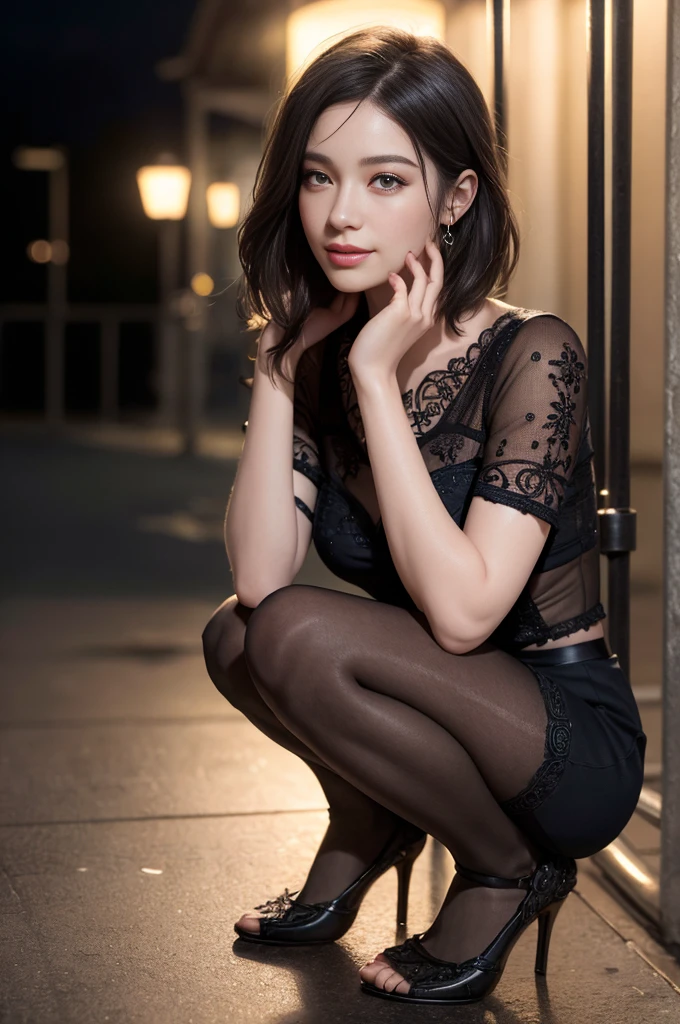 8K RAW Photos、High resolution、17 year old daughter、layered hair、Formal shirts、formal skirt、smile、long eyelashes、beautiful double eyelids、eye shadow、beautiful and thin legs、(super realistic pantyhose:1.3)、short hair、In front of the station at night、stairs at night、squat、Please sit down、Luxury High Heels、(intricate details:1.4),(realistic:1.4),octane rendering, Super detailed complex 3D rendering, soft light in the studio, rim light, vivid details, Super detailed, realistic skin texture, Surface details, Beautiful eyes in every detail, Highly detailed CG Unity 8K wallpaper, compensate, (detailed background:1.2),