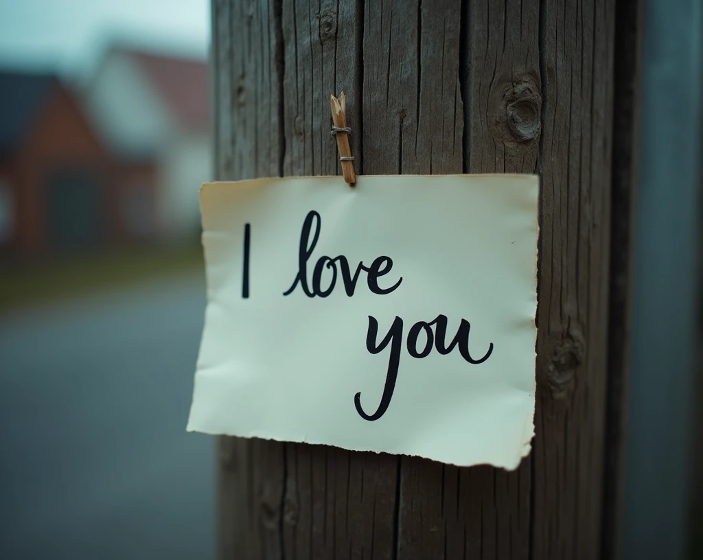 A film shot of a sheet of paper stuck to a post with the word I love you written on it.