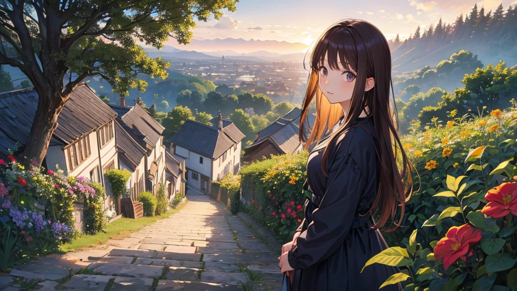 masterpiece,Highest quality,One person,Hair color is brown,semi-long, Kind eyes,Gradient Hair,countryside,Cityscape,Flowers and plants,night空,scenery,night,Light perception,one piece