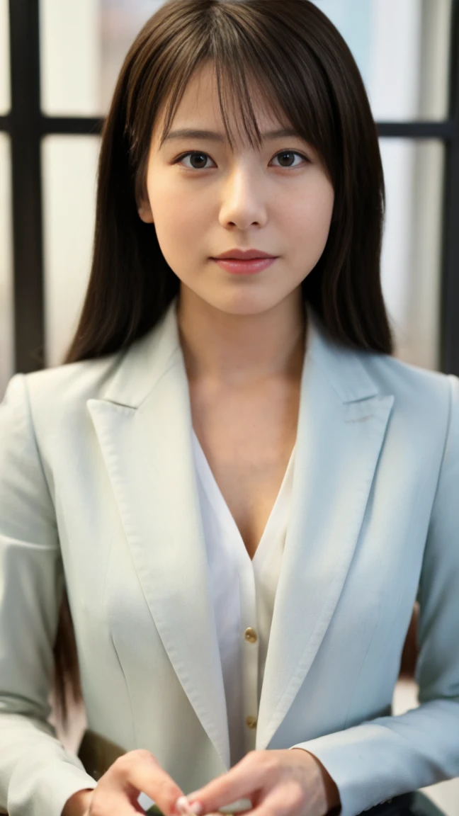 (top-quality, 16K, ​masterpiece:1.3), (ultra detailed), (masterpiece), (best quality), Highest quality, Realistic, surreal, Highest quality, Extremely detailed CG, Very delicate, 16K wallpaper, High resolution, A female manager working for a top company, 3, Very small mole on face, UNTITLED business suits, Japanese office with large windows, Japanese, slender body, very detailed, detailed fingers, detailed hands, detailed eyes, detailed legs, accurate and perfect human anatomy, real human skin, BREAK ((look into the viewer's eyes:1.5)), ((looking at viewer:1.5)), ((Front view:1.5)), ((from front:1.5)),