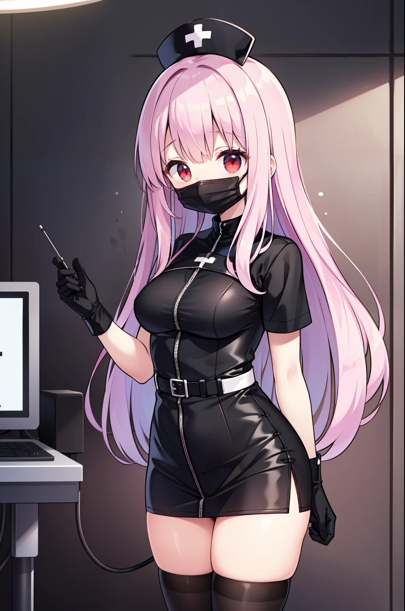 black nurse, 1woman, solo, black nurse cap, black nurse uniform, ((black legwear, zettai ryouiki)), black elbow gloves, long hair, purple hair, red eyes, ((black surgical mask, covered nose)), standing, ((surgery room)), sharp outline, short sleeves, mature female, 35yo, best quality, masterpiece